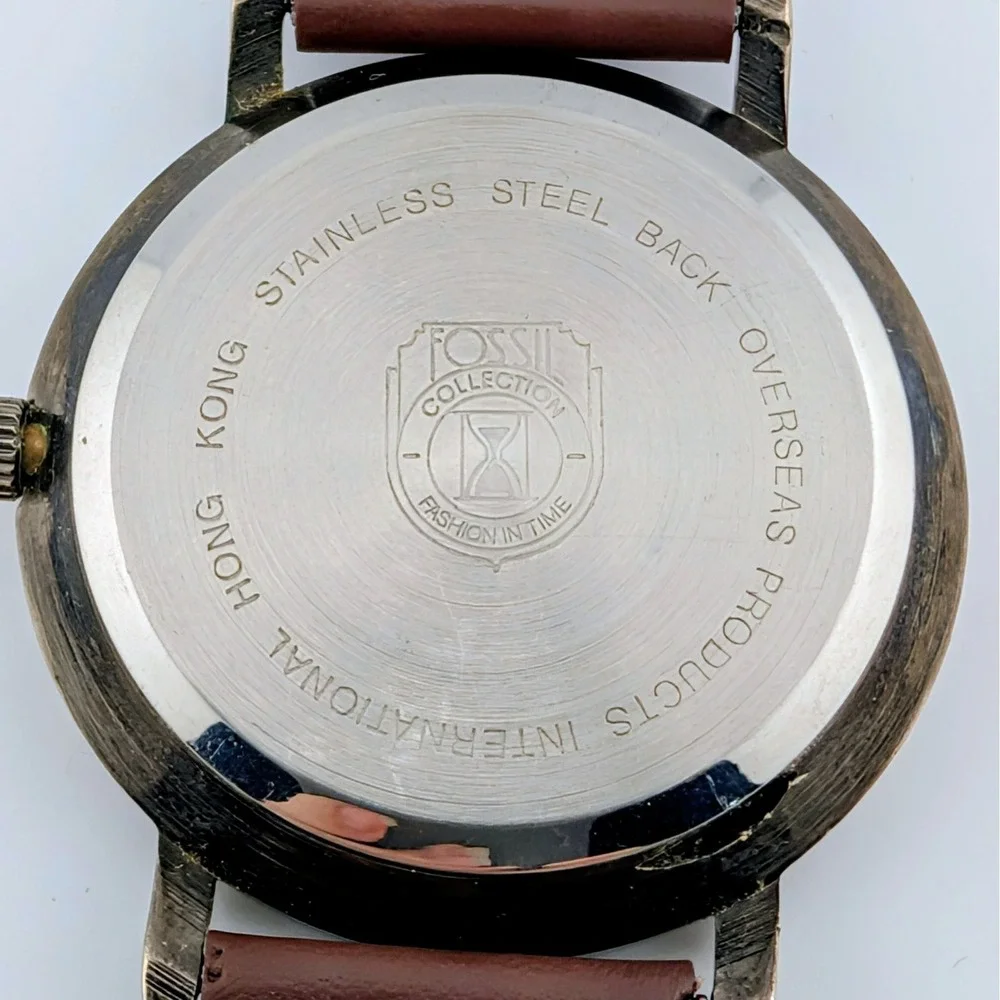 1980s Vintage Fossil Collection Quartz Watch Gold Medallion Dial Leather 36mm